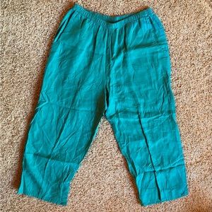 FLAX 100% Linen Pants Rainforest Green Cropped Capri Elastic Waist Size SMALL